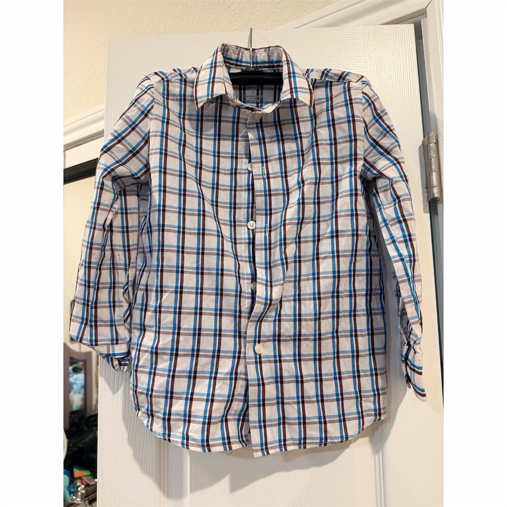 Wonder Nation Boys Button-Up Shirt Size 6 Plaid Blue Brown White Long